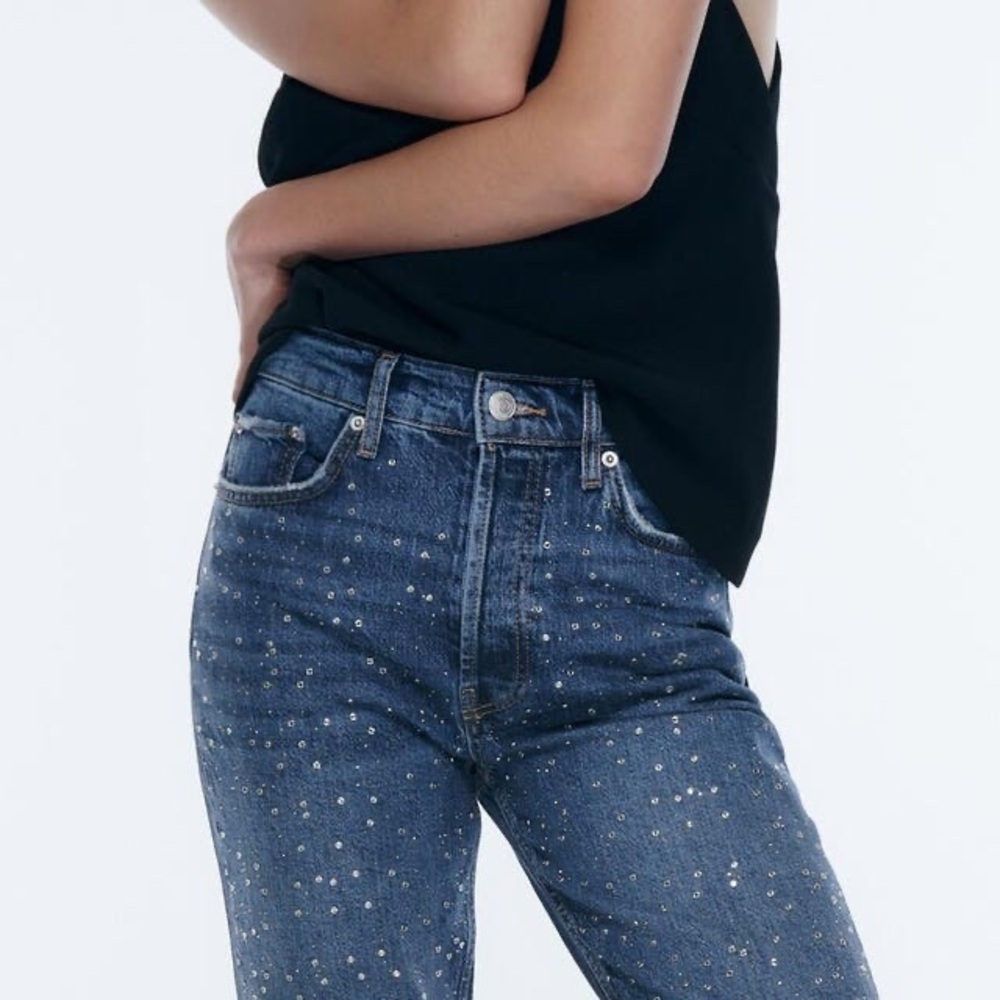 Zara Rhinestone Straight Leg Jeans XS 24 US 2 | High Rise Blue Y2K Party Denim - Picture 5 of 14